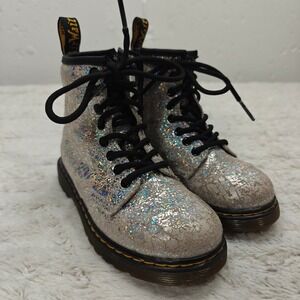 Dr Martens 1460 J Combat Boots Kids Girls Size 11 Metallic Silver Side Zipper
